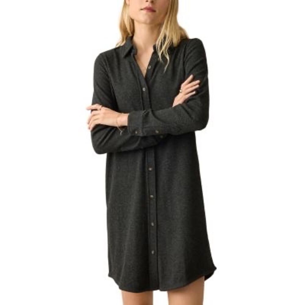 Faherty Legend Sweater Shirt Dress S Heathered Black Twill Soft Stretch Casual